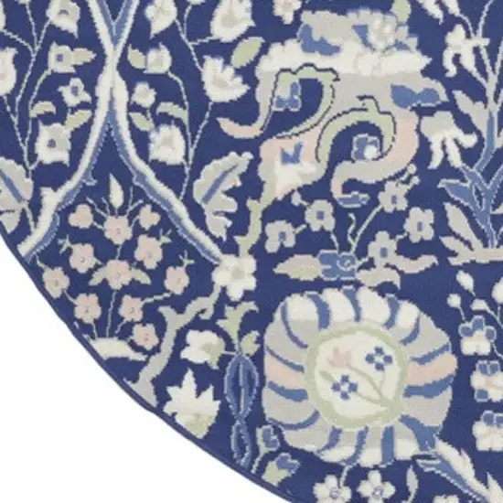8' Navy Blue Ivory and Beige Floral Round Rug Photo 3