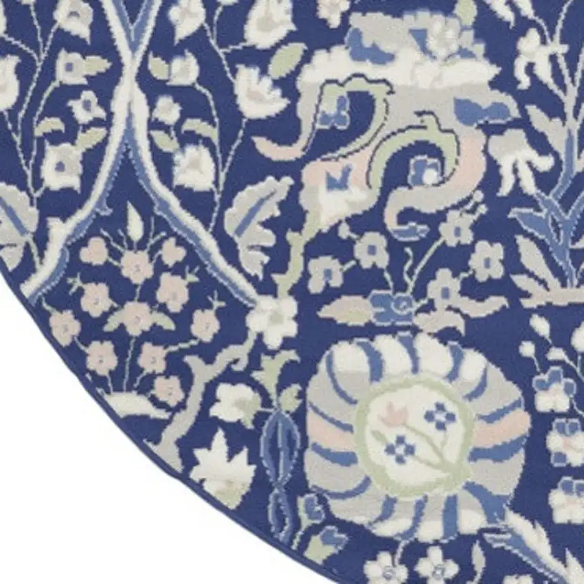 8' Navy Blue Ivory and Beige Floral Round Rug Photo 3