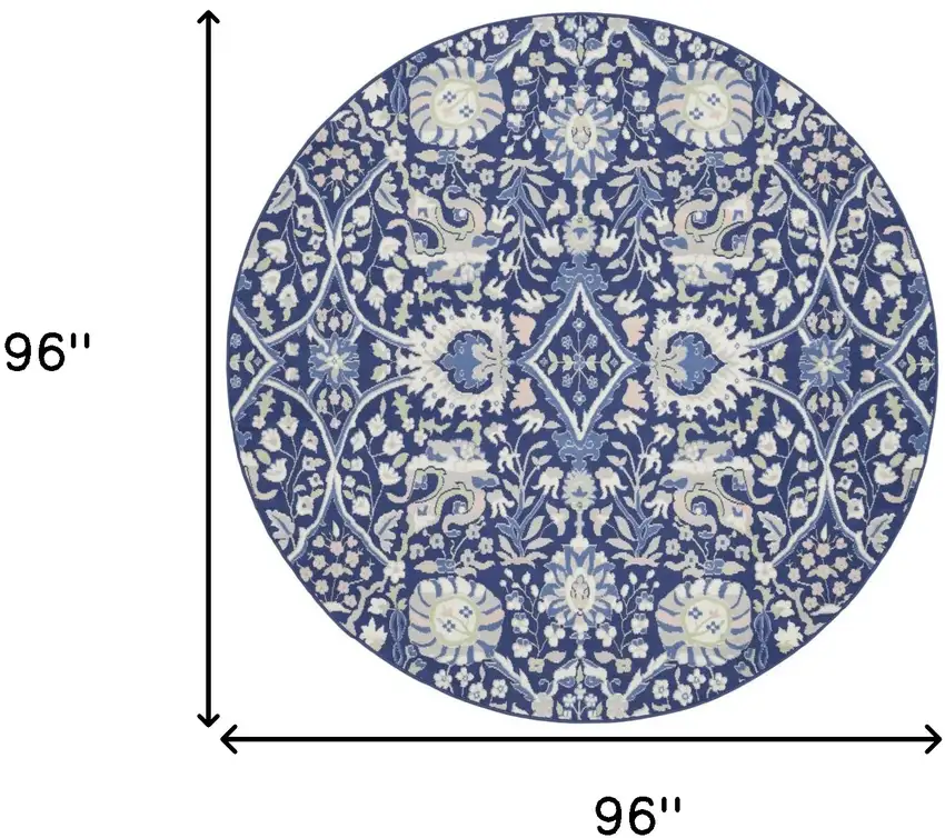 8' Navy Blue Ivory and Beige Floral Round Rug Photo 3