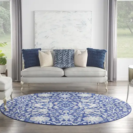 8' Navy Blue Ivory and Beige Floral Round Rug Photo 6
