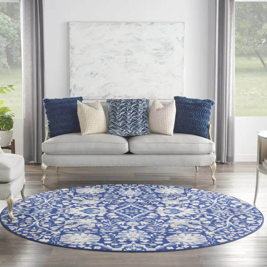 8' Navy Blue Ivory and Beige Floral Round Rug Photo 6