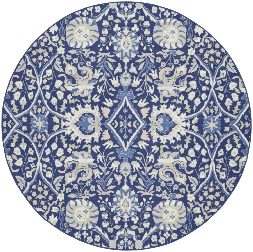 8' Navy Blue Ivory and Beige Floral Round Rug Photo 2
