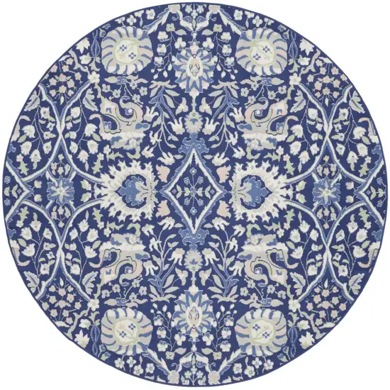 8' Navy Blue Ivory and Beige Floral Round Rug Photo 4