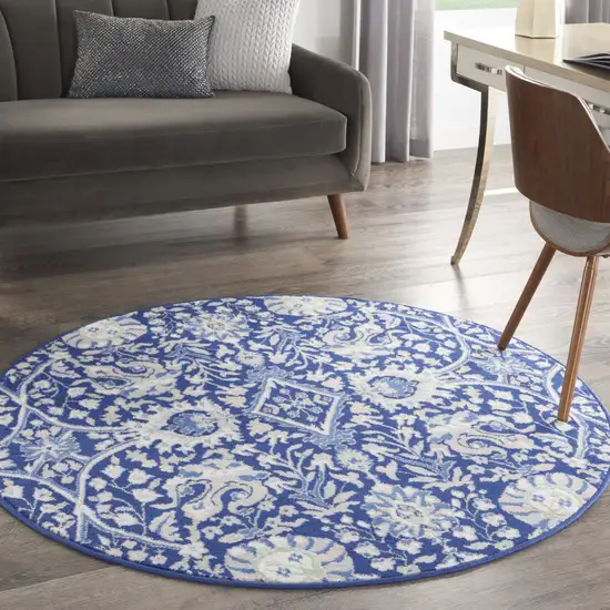 5' Navy Blue Ivory and Beige Floral Round Rug Photo 5