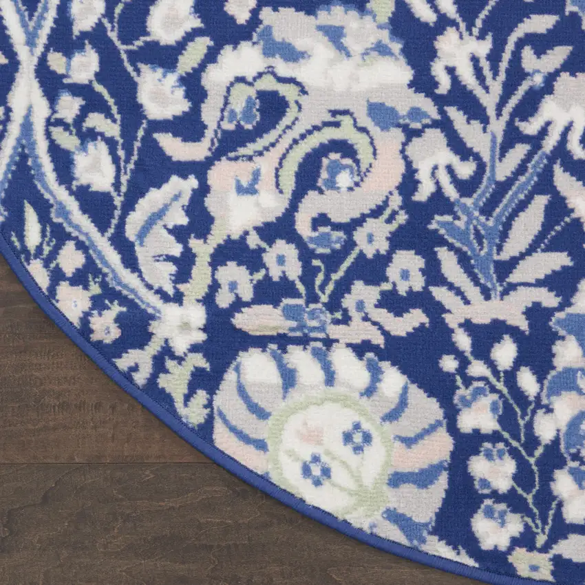 5' Navy Blue Ivory and Beige Floral Round Rug Photo 8
