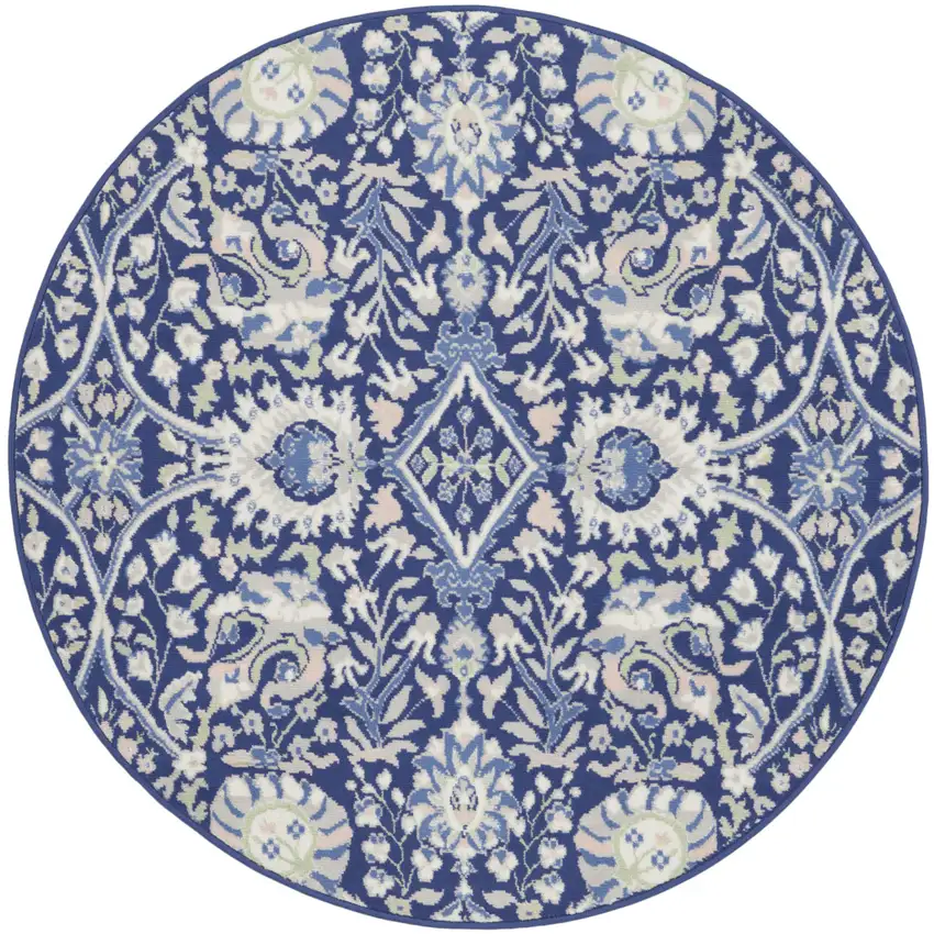 5' Navy Blue Ivory and Beige Floral Round Rug Photo 2