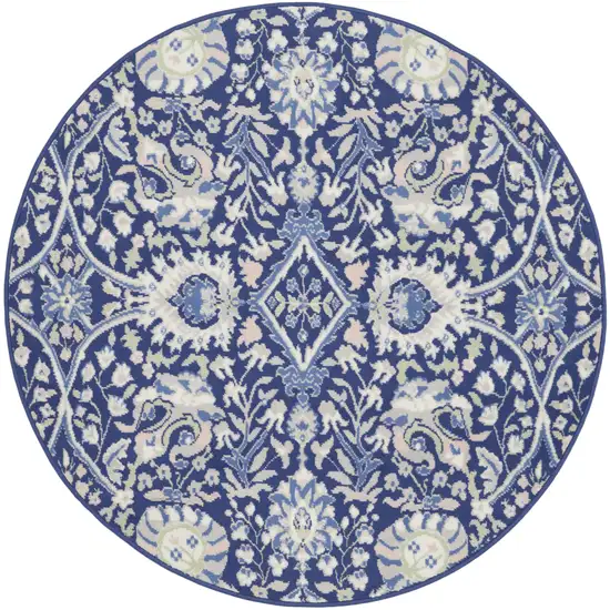 5' Navy Blue Ivory and Beige Floral Round Rug Photo 1