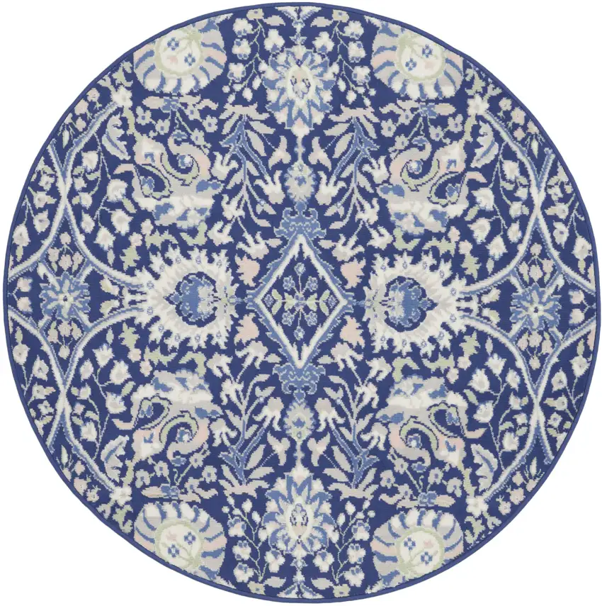 5' Navy Blue Ivory and Beige Floral Round Rug Photo 1