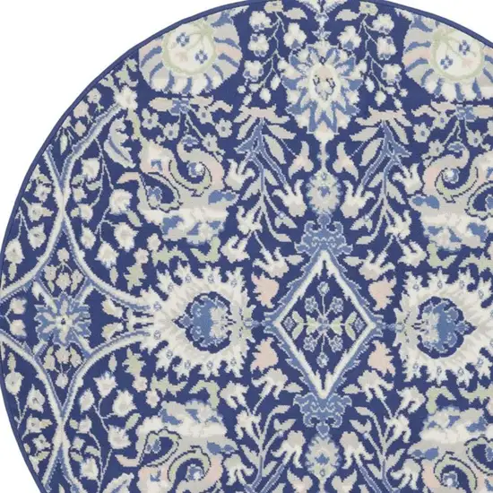 5' Navy Blue Ivory and Beige Floral Round Rug Photo 7