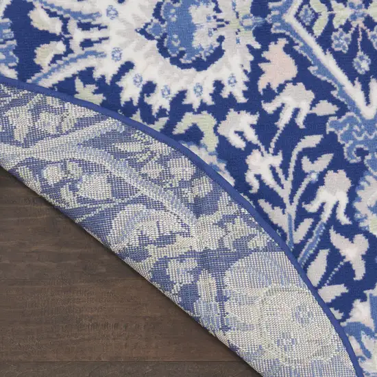 5' Navy Blue Ivory and Beige Floral Round Rug Photo 9