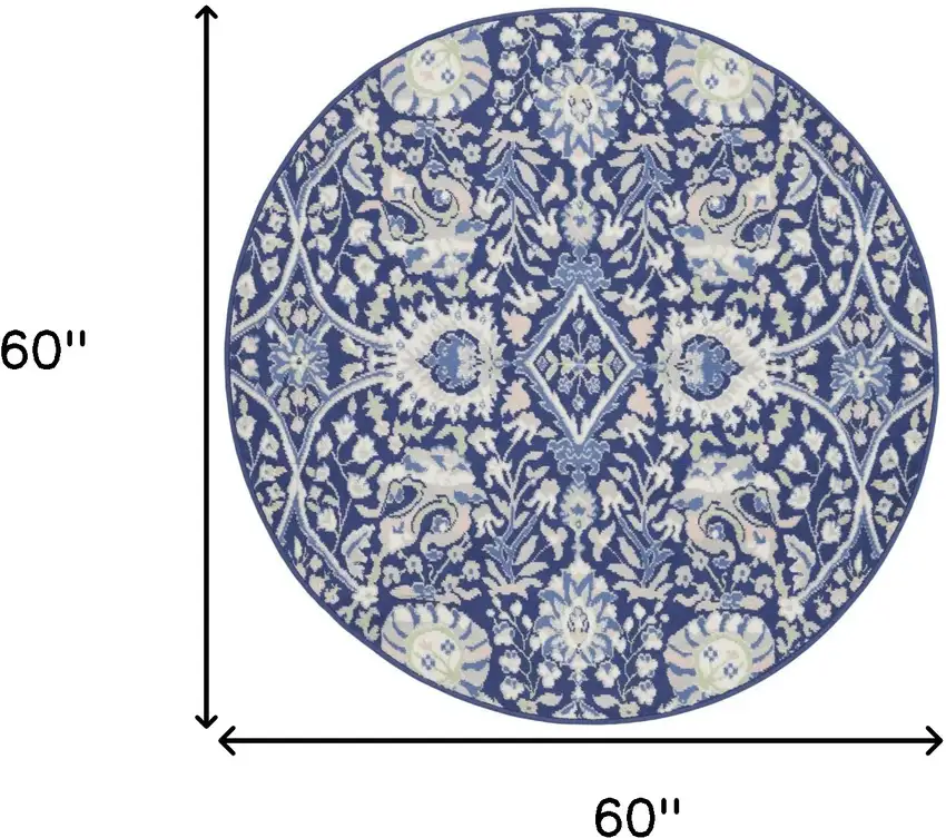 5' Navy Blue Ivory and Beige Floral Round Rug Photo 3