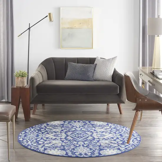 5' Navy Blue Ivory and Beige Floral Round Rug Photo 6