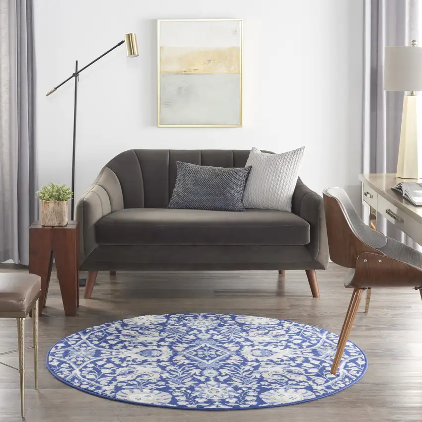 5' Navy Blue Ivory and Beige Floral Round Rug Photo 6