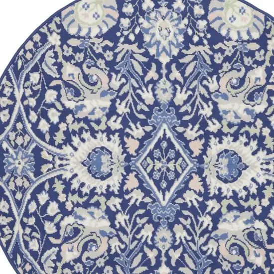 5' Navy Blue Ivory and Beige Floral Round Rug Photo 4