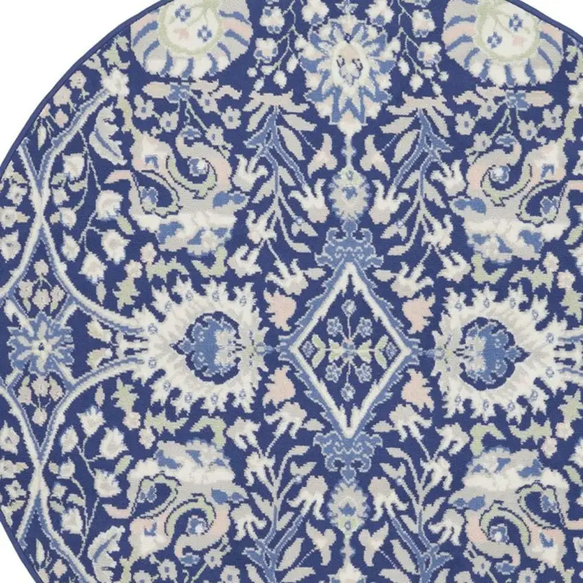 5' Navy Blue Ivory and Beige Floral Round Rug Photo 4