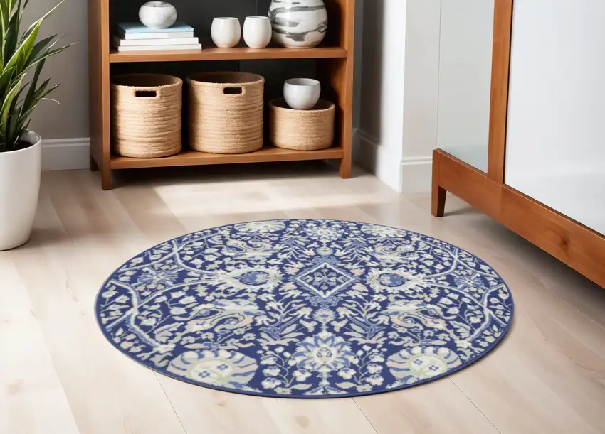 5' Navy Blue Ivory and Beige Floral Round Rug Photo 1
