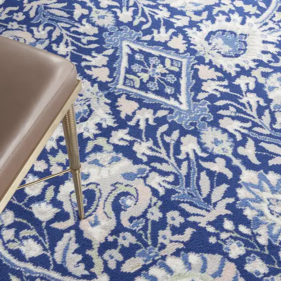 5' Navy Blue Ivory and Beige Floral Round Rug Photo 8