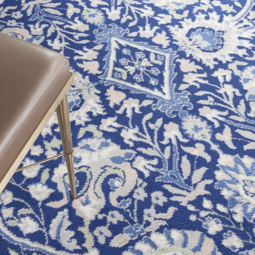 5' Navy Blue Ivory and Beige Floral Round Rug Photo 8