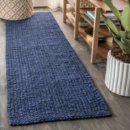 10' Navy Blue Jute Handmade Runner Rug Photo 4