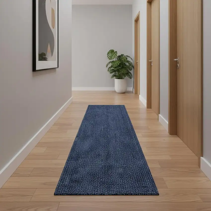 14' Navy Blue Jute Handmade Runner Rug Photo 2