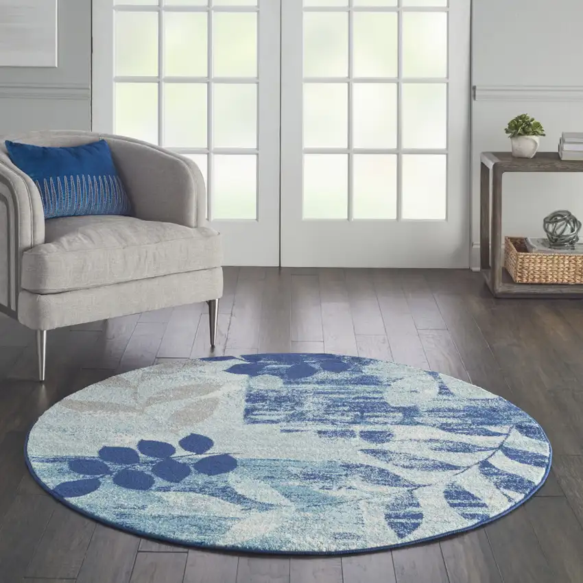 5' Navy Blue Light Blue and Gray Botanical Leaves Round Rug Photo 3
