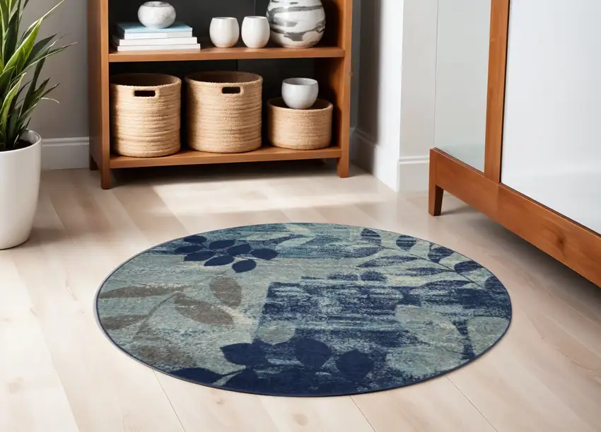 5' Navy Blue Light Blue and Gray Botanical Leaves Round Rug Photo 1