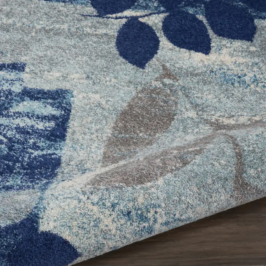 5' Navy Blue Light Blue and Gray Botanical Leaves Round Rug Photo 6