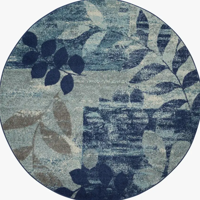 5' Navy Blue Light Blue and Gray Botanical Leaves Round Rug Photo 7