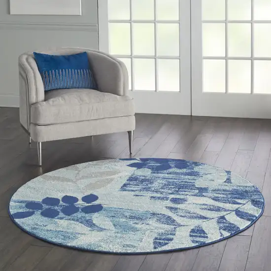5' Navy Blue Light Blue and Gray Botanical Leaves Round Rug Photo 5