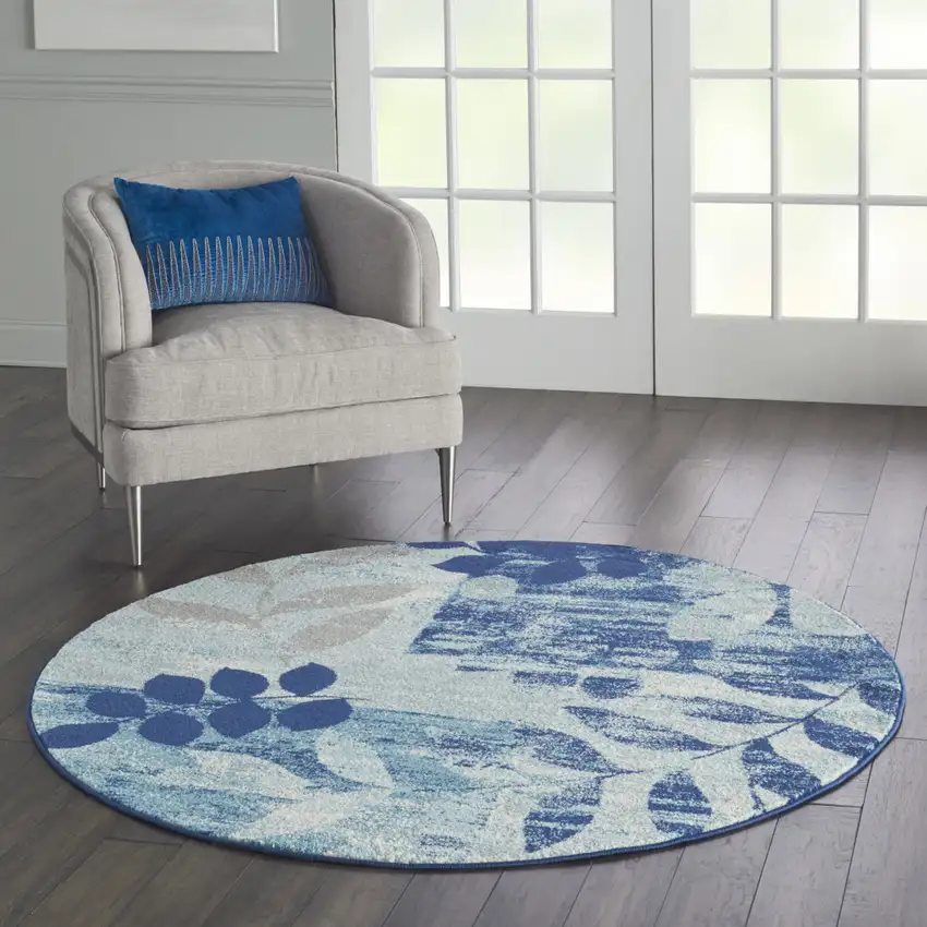 5' Navy Blue Light Blue and Gray Botanical Leaves Round Rug Photo 5
