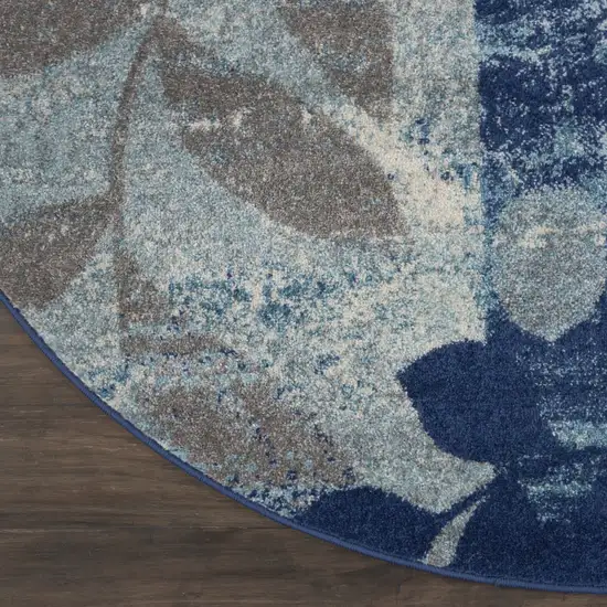 5' Navy Blue Light Blue and Gray Botanical Leaves Round Rug Photo 9