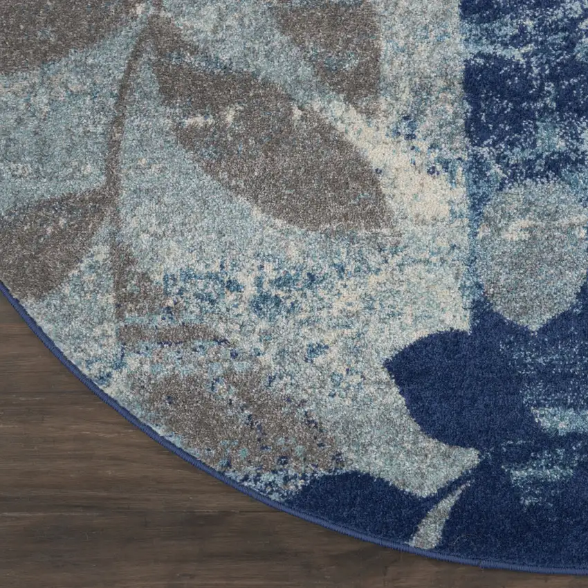 5' Navy Blue Light Blue and Gray Botanical Leaves Round Rug Photo 9