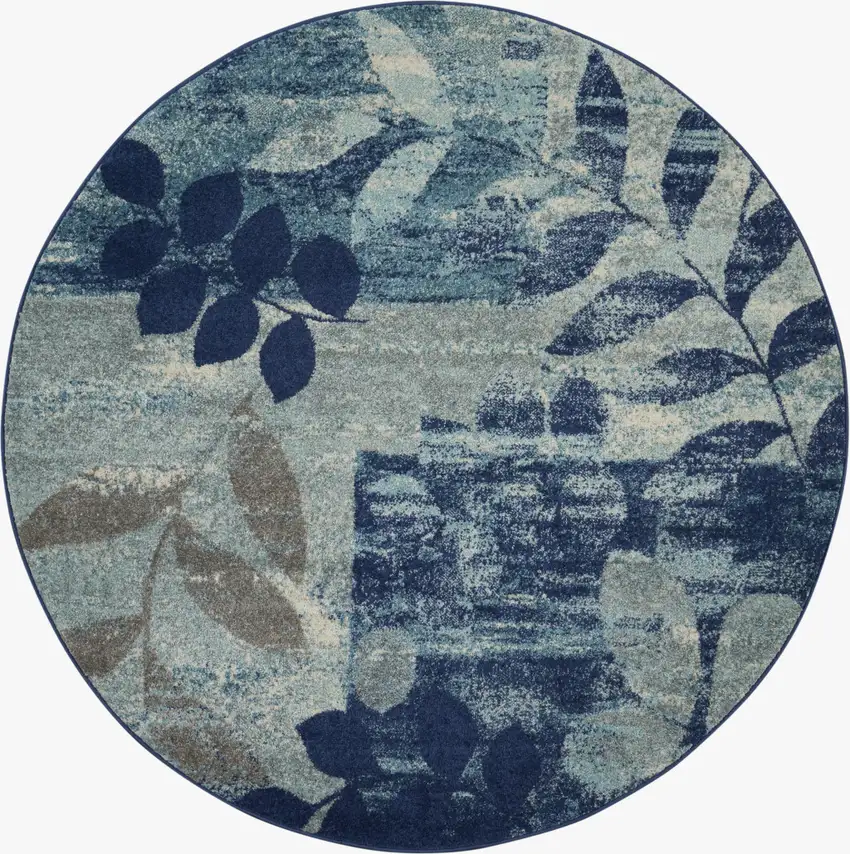 5' Navy Blue Light Blue and Gray Botanical Leaves Round Rug Photo 1