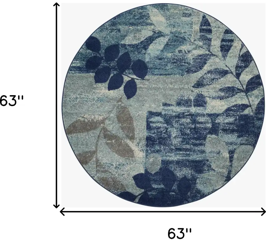 5' Navy Blue Light Blue and Gray Botanical Leaves Round Rug Photo 3