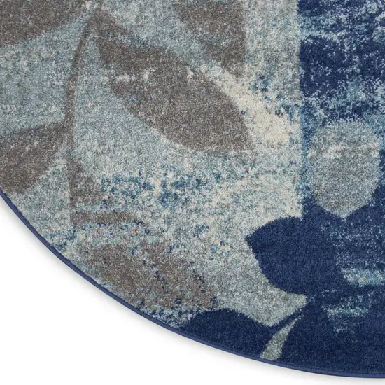 5' Navy Blue Light Blue and Gray Botanical Leaves Round Rug Photo 7
