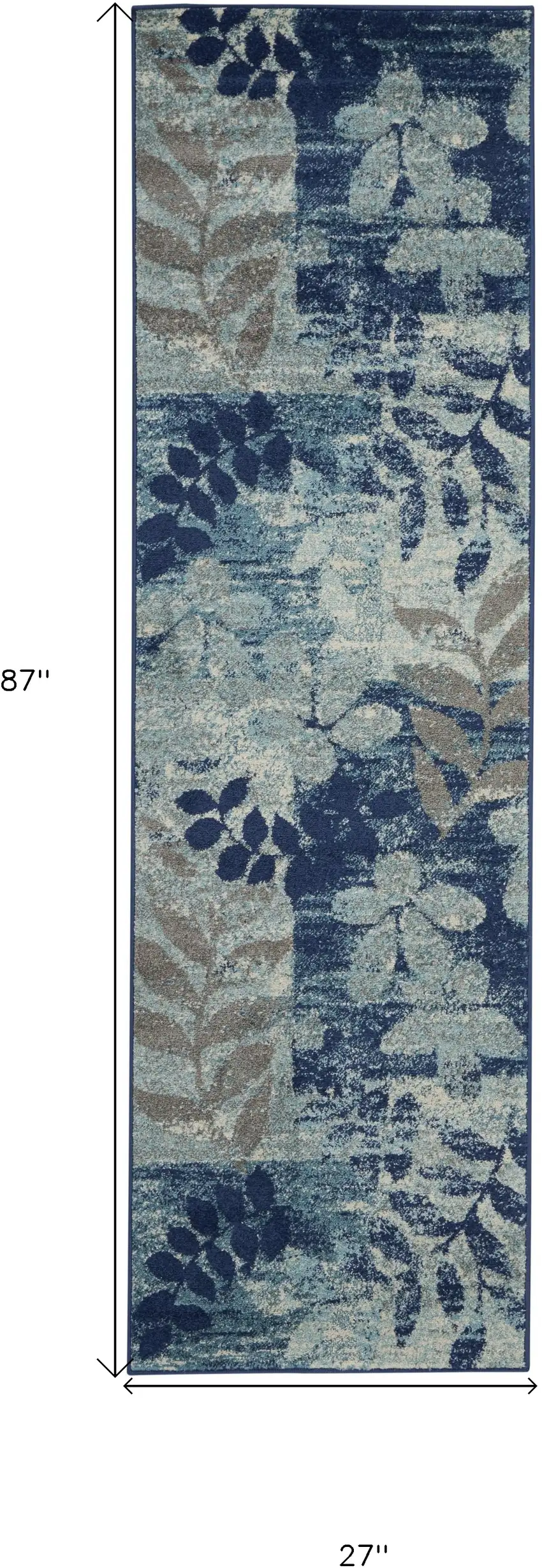 7' Navy Blue Light Blue and Gray Botanical Leaves Runner Rug Photo 3