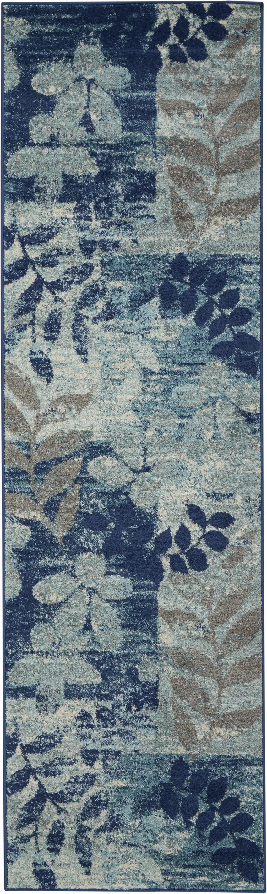7' Navy Blue Light Blue and Gray Botanical Leaves Runner Rug Photo 7