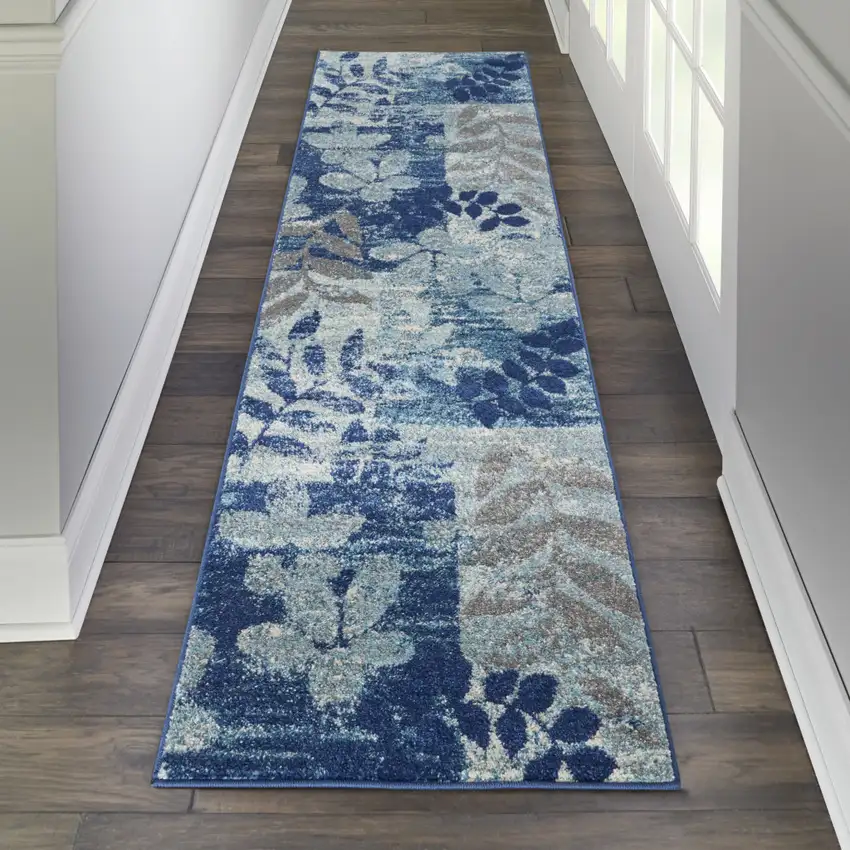 7' Navy Blue Light Blue and Gray Botanical Leaves Runner Rug Photo 4