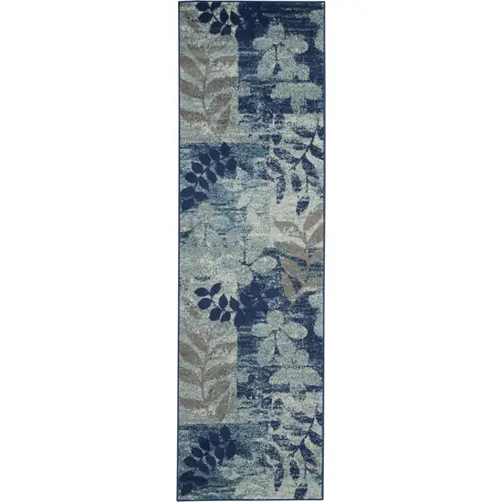7' Navy Blue Light Blue and Gray Botanical Leaves Runner Rug Photo 1