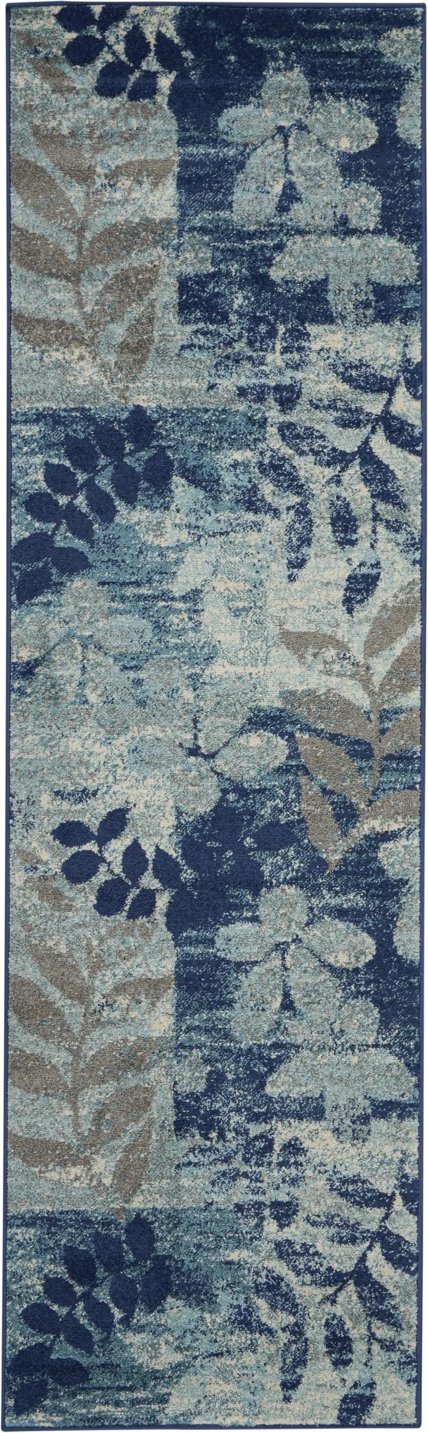 7' Navy Blue Light Blue and Gray Botanical Leaves Runner Rug Photo 1