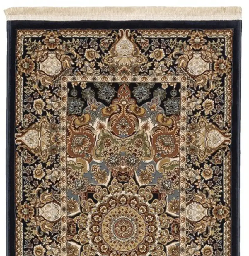10' Navy Blue Light Brown And Ivory Medallion Runner Rug With Fringe Photo 9