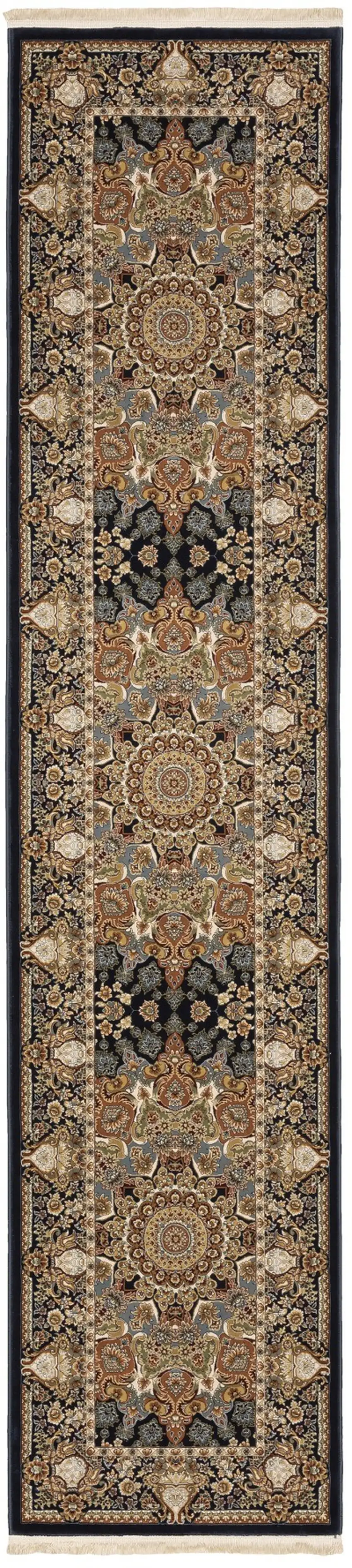 10' Navy Blue Light Brown And Ivory Medallion Runner Rug With Fringe Photo 2