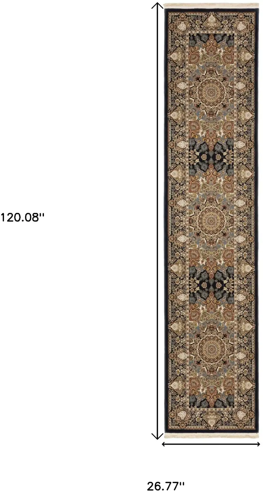 10' Navy Blue Light Brown And Ivory Medallion Runner Rug With Fringe Photo 3