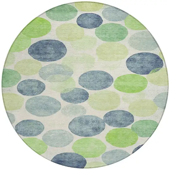 8' Navy Blue Lime Green And Ivory Round Geometric Washable Indoor Outdoor Area Rug Photo 3