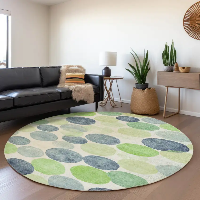 8' Navy Blue Lime Green And Ivory Round Geometric Washable Indoor Outdoor Area Rug Photo 6