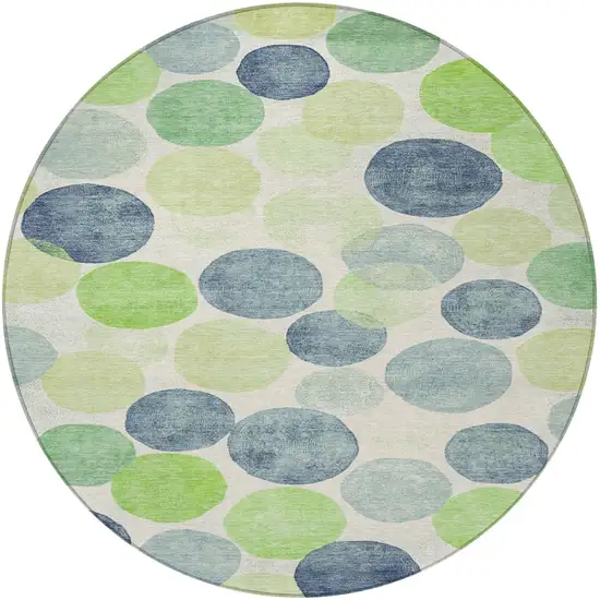 8' Navy Blue Lime Green And Ivory Round Geometric Washable Indoor Outdoor Area Rug Photo 4