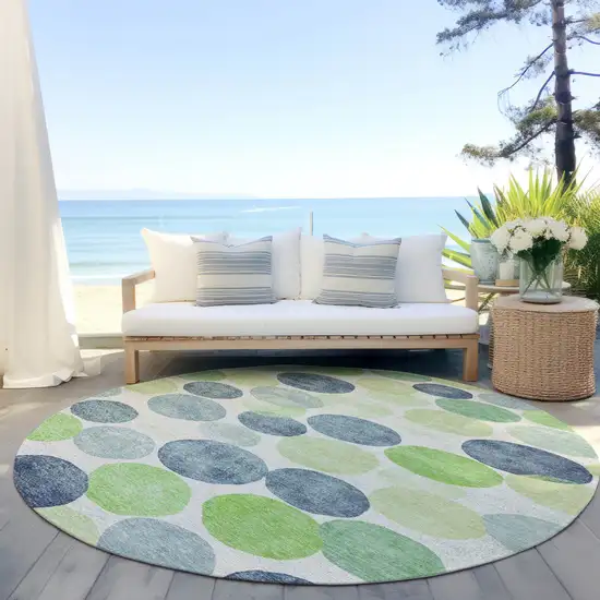 8' Navy Blue Lime Green And Ivory Round Geometric Washable Indoor Outdoor Area Rug Photo 5