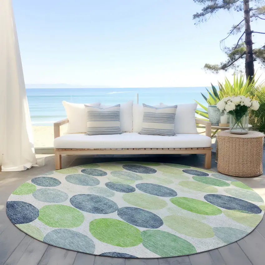 8' Navy Blue Lime Green And Ivory Round Geometric Washable Indoor Outdoor Area Rug Photo 5