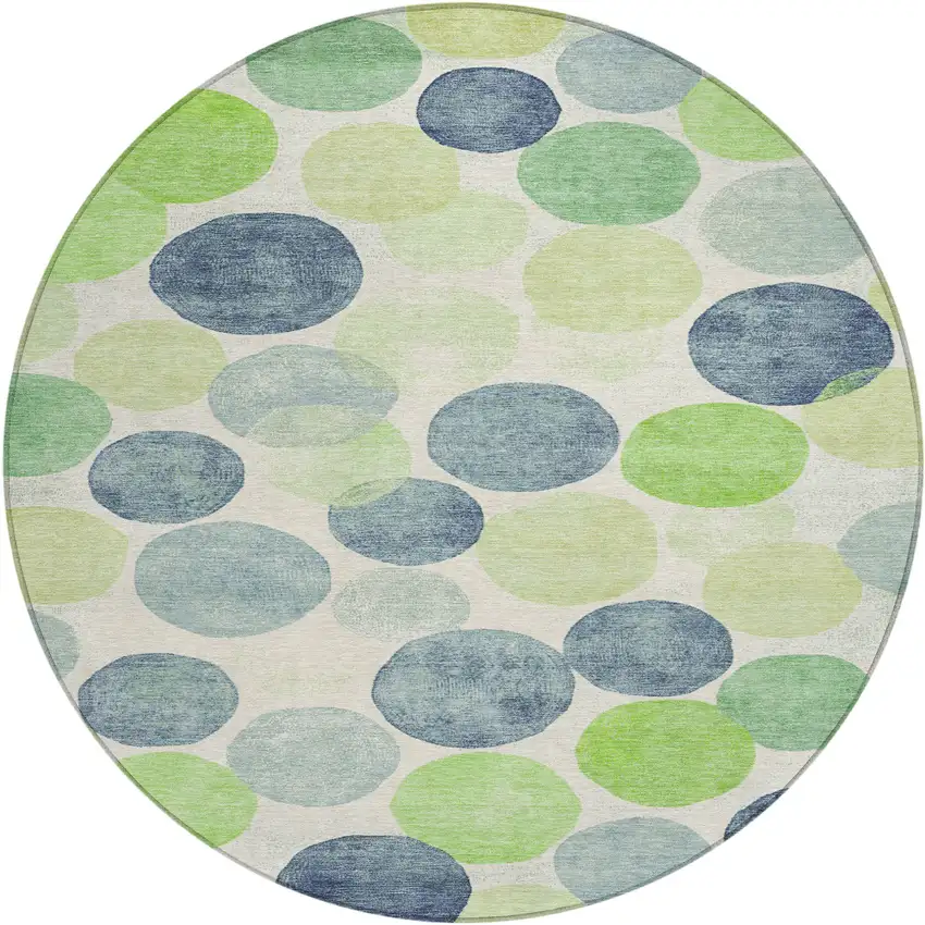 8' Navy Blue Lime Green And Ivory Round Geometric Washable Indoor Outdoor Area Rug Photo 1