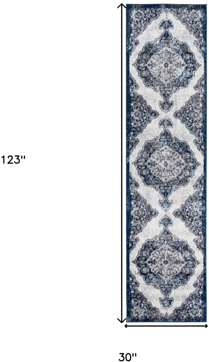 10' Navy Blue Medallion Power Loom Runner Rug Photo 5